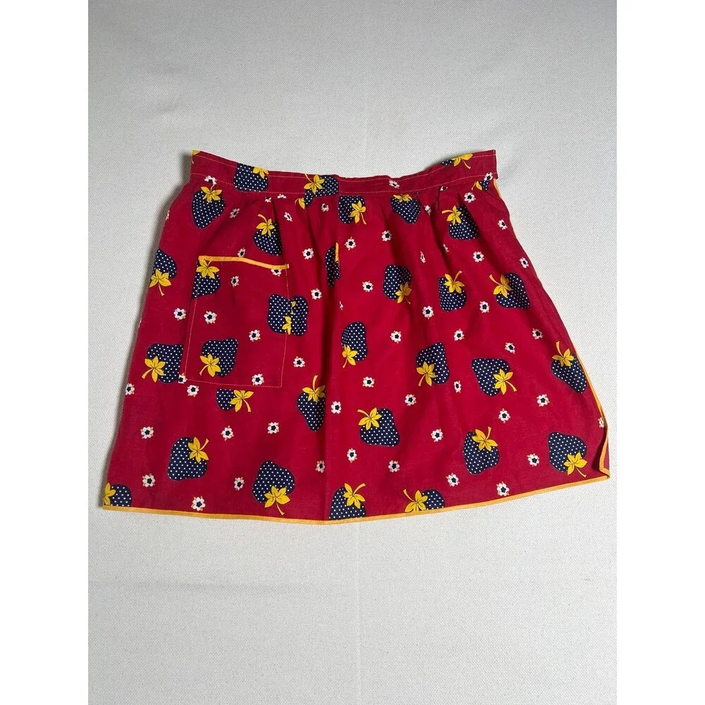 Vintage Red Half Apron with a Strawberry Pattern - Red - One Size Fits Most
